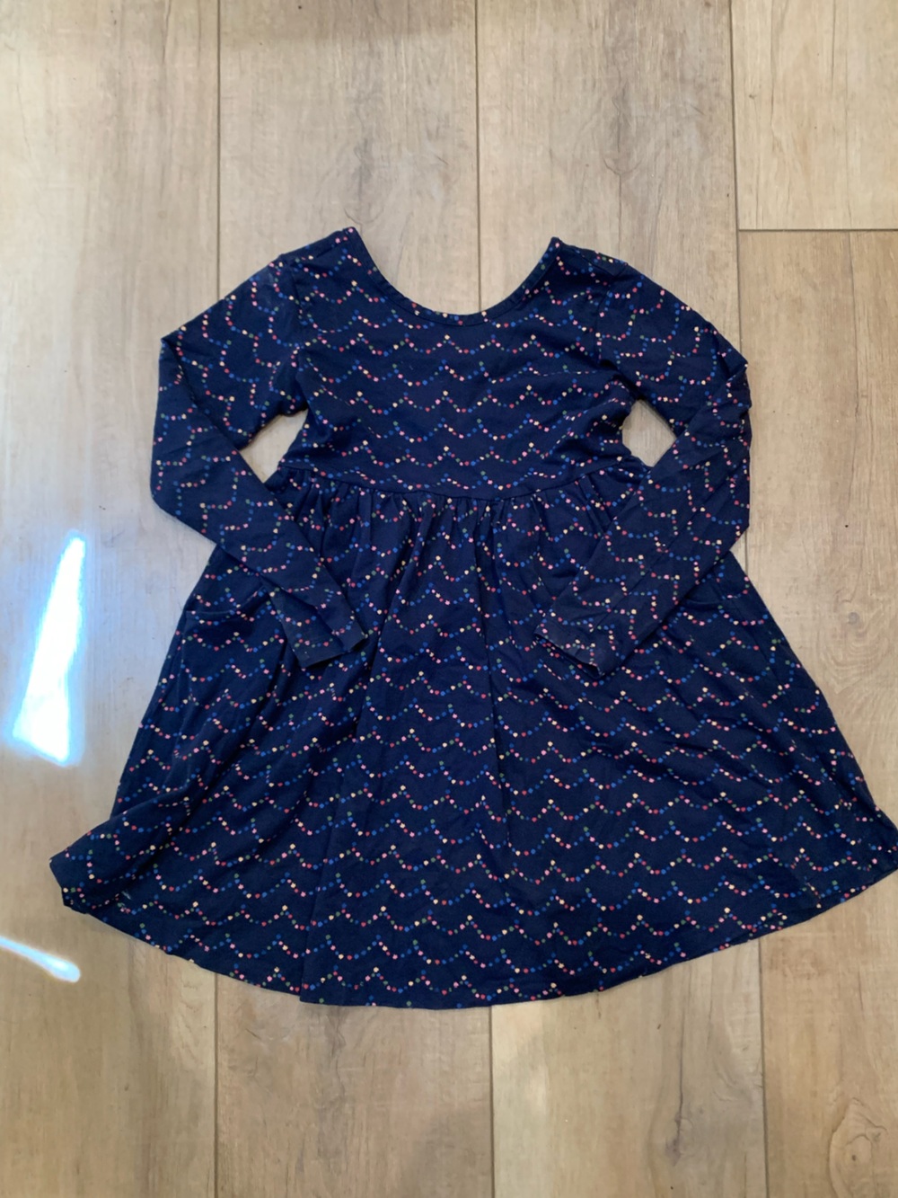 Hanna Andersson Navy Blue Long Sleeve Girls Dress with Pink & White Dot Pattern
